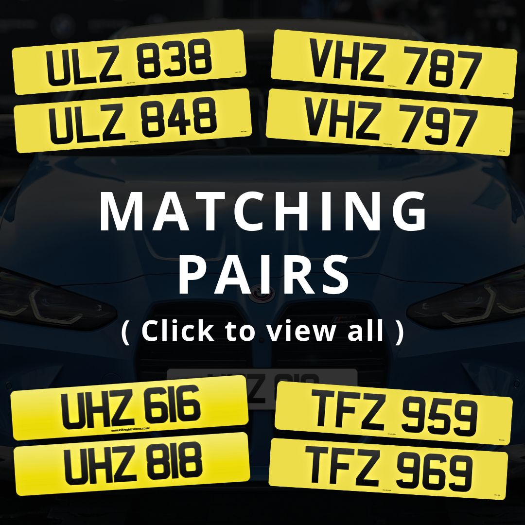 Matching pairs of dateless Northern Ireland Number plates for sale.
